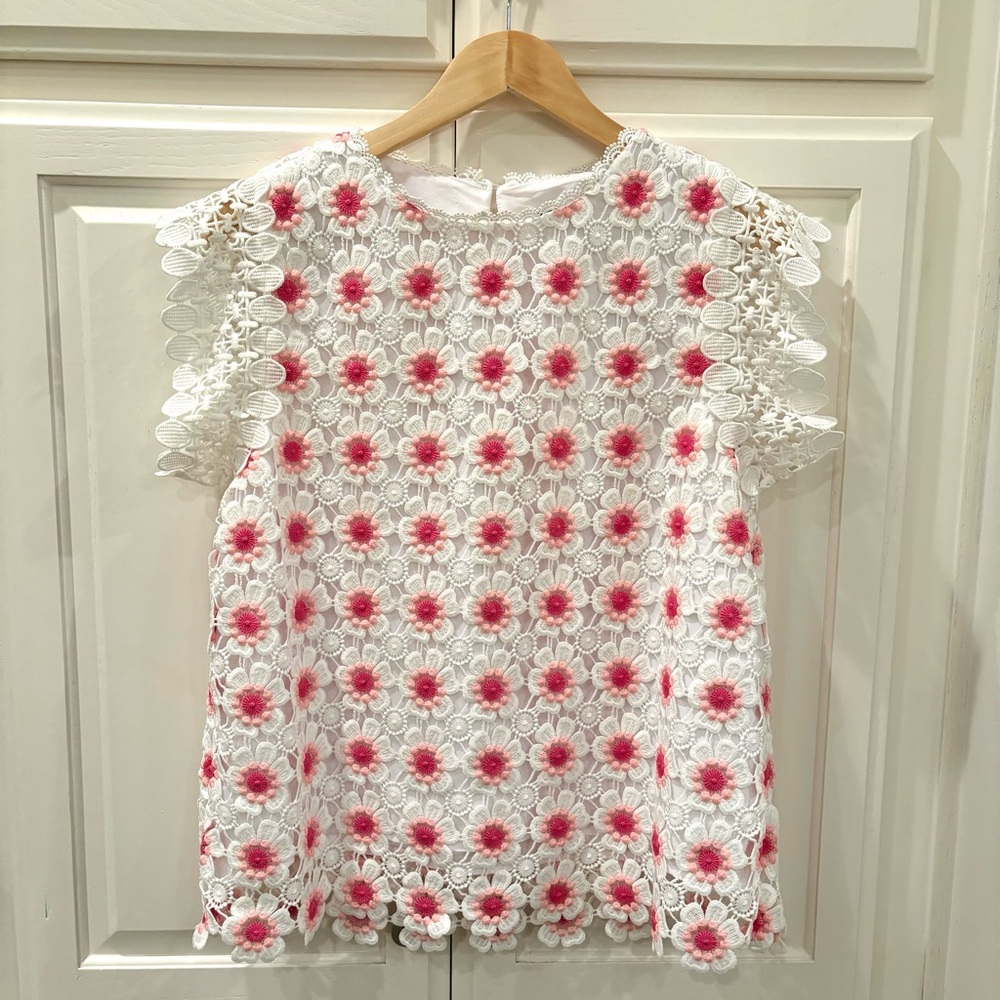 J. Crew Pink and White Crochet Floral Lace Blouse Size Medium
